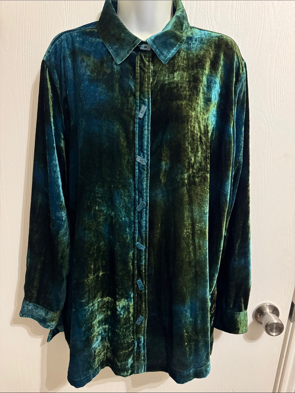 John Mark Crushed Velvet Long Sleeve Button Front Tunic Large Green Blue Blend